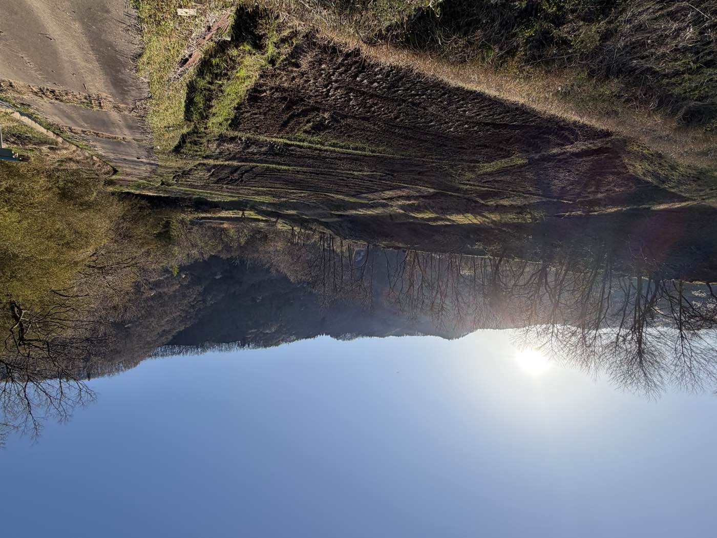 朝日にてらされた、整備を終えた棚田と里山